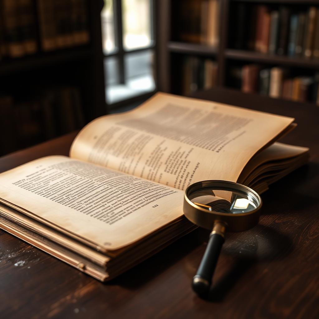 Aged archival documents and a magnifying glass on a dark wood desk