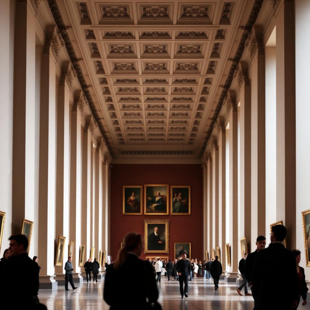 Grand museum hall with tall walls hung with framed classical paintings