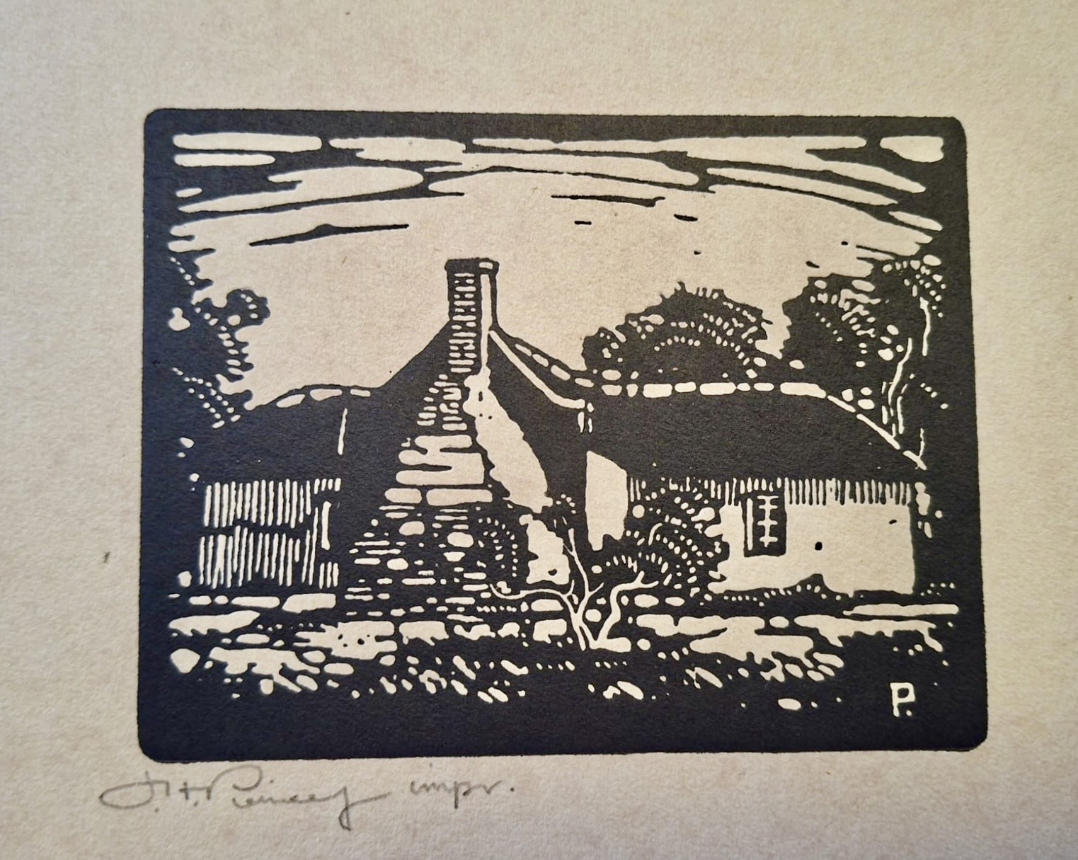 Signed Jacob Hendrik Pierneef linocut of a thatched Cape cottage under a striated sky