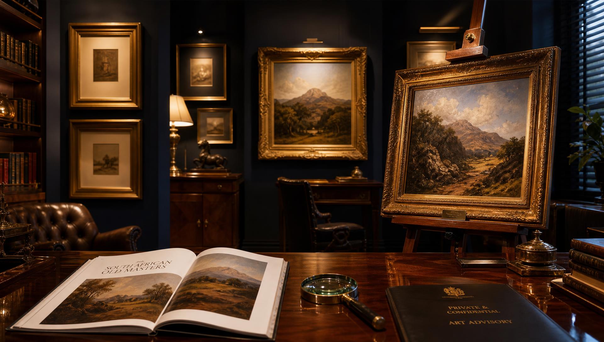 Framed South African master paintings in a private collector's gallery