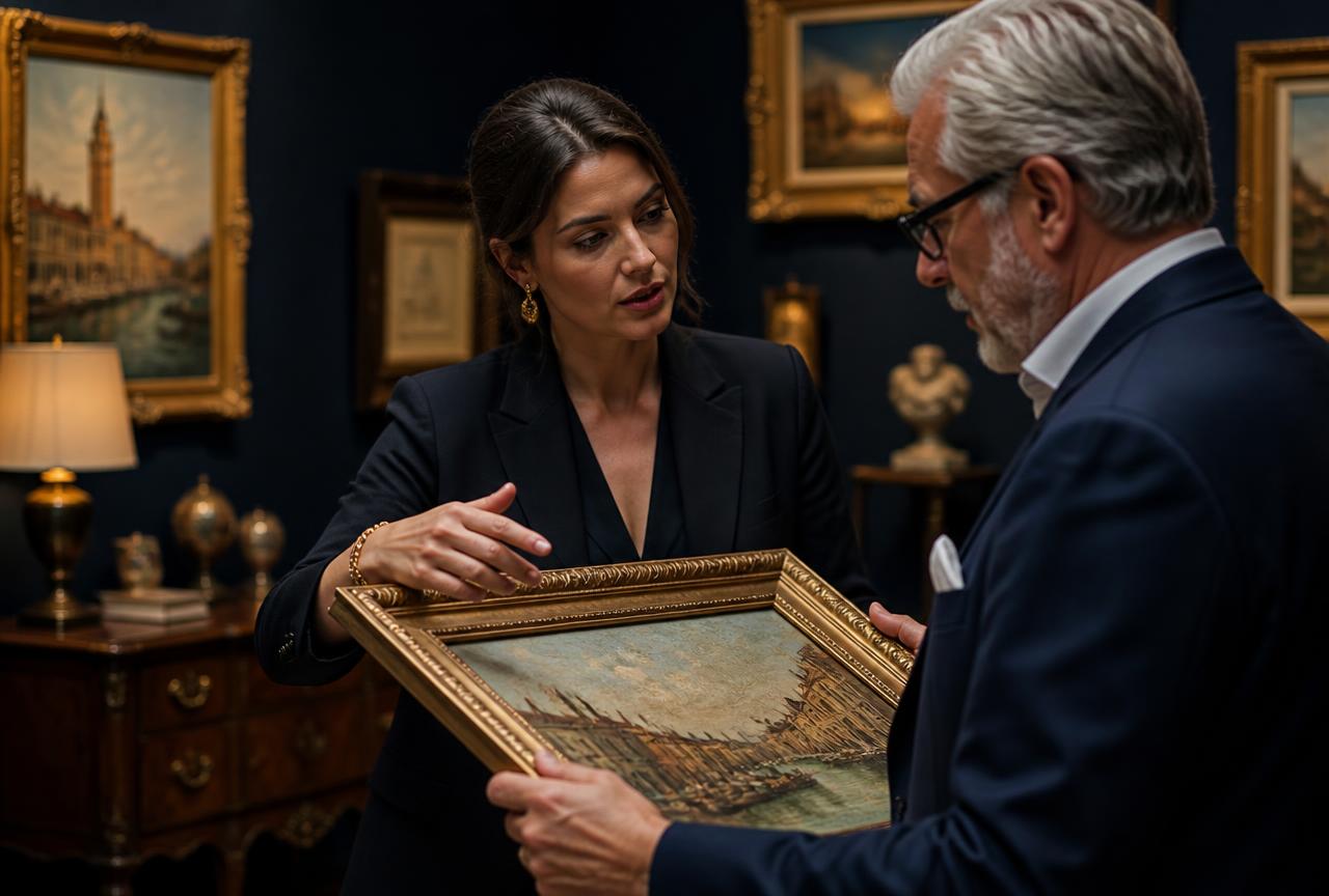 Art consultant presenting a framed painting to a collector in a private gallery