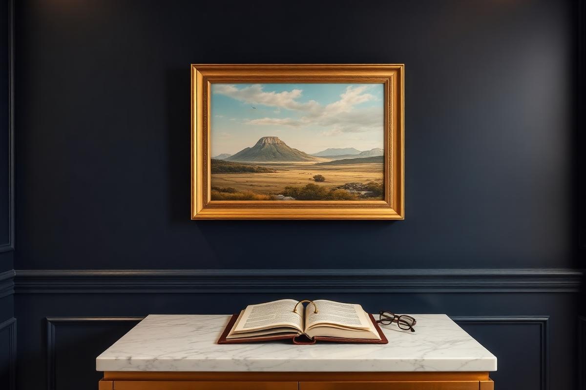 Framed South African landscape painting on a navy gallery wall above a marble console with a ledger