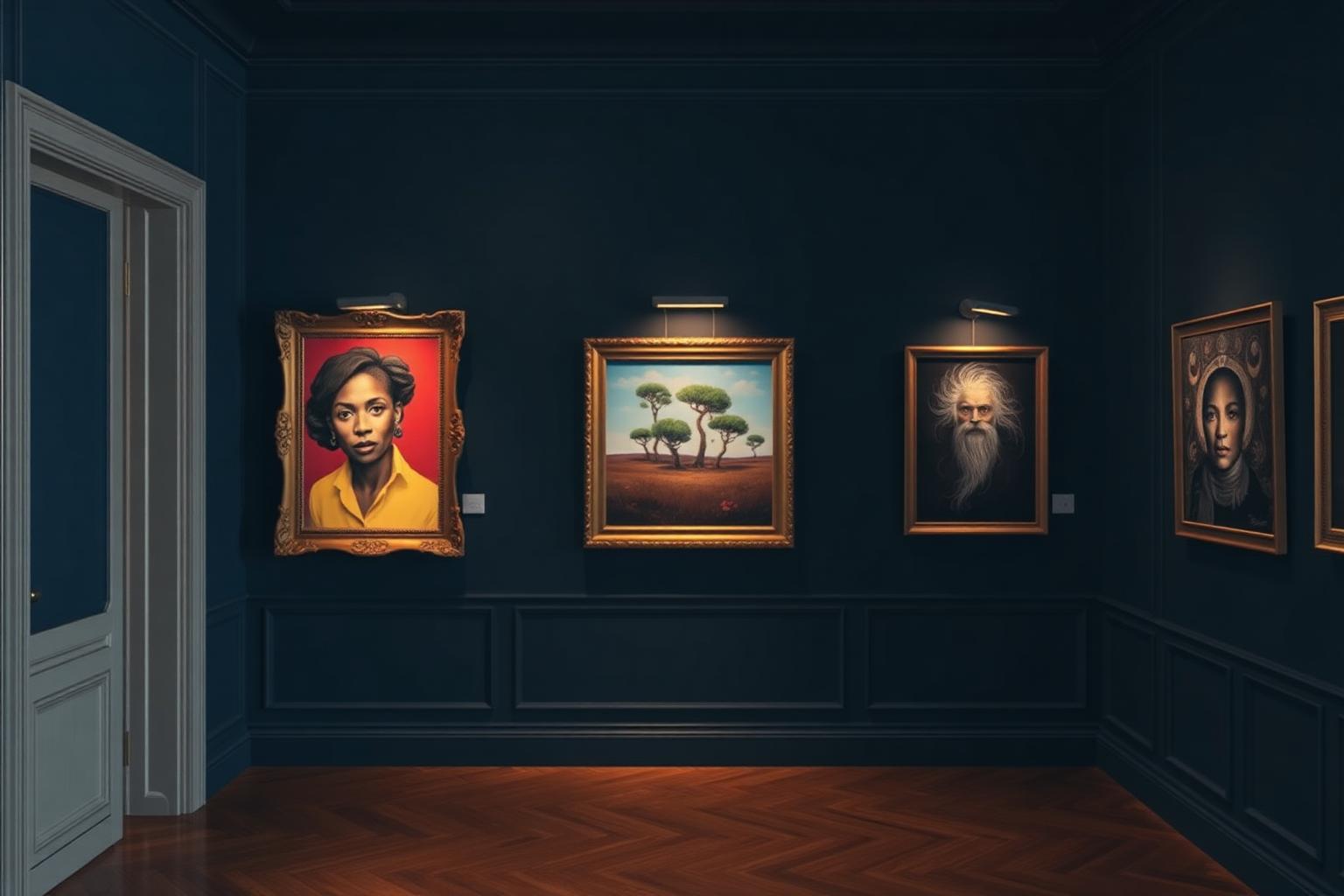 Private gallery with navy walls hung with framed South African paintings under warm picture lights