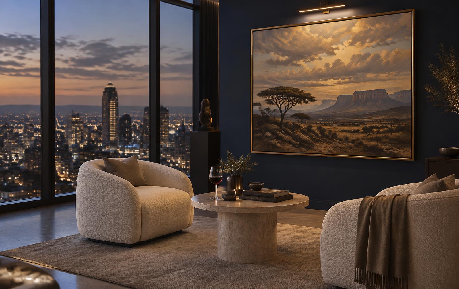 Private art viewing room in a Sandton penthouse at dusk, a framed South African landscape lit on a deep navy wall